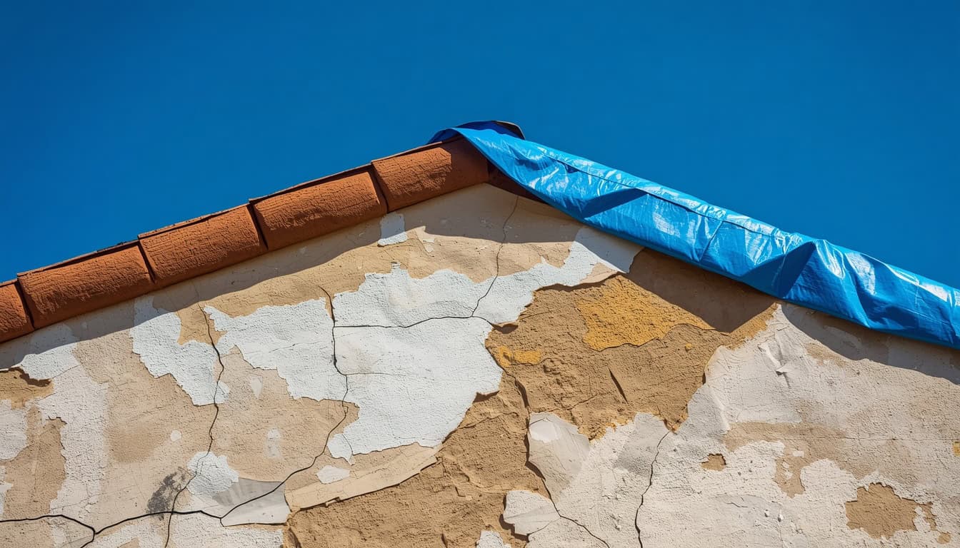 Cracked stucco and peeling paint on an aging house exterior