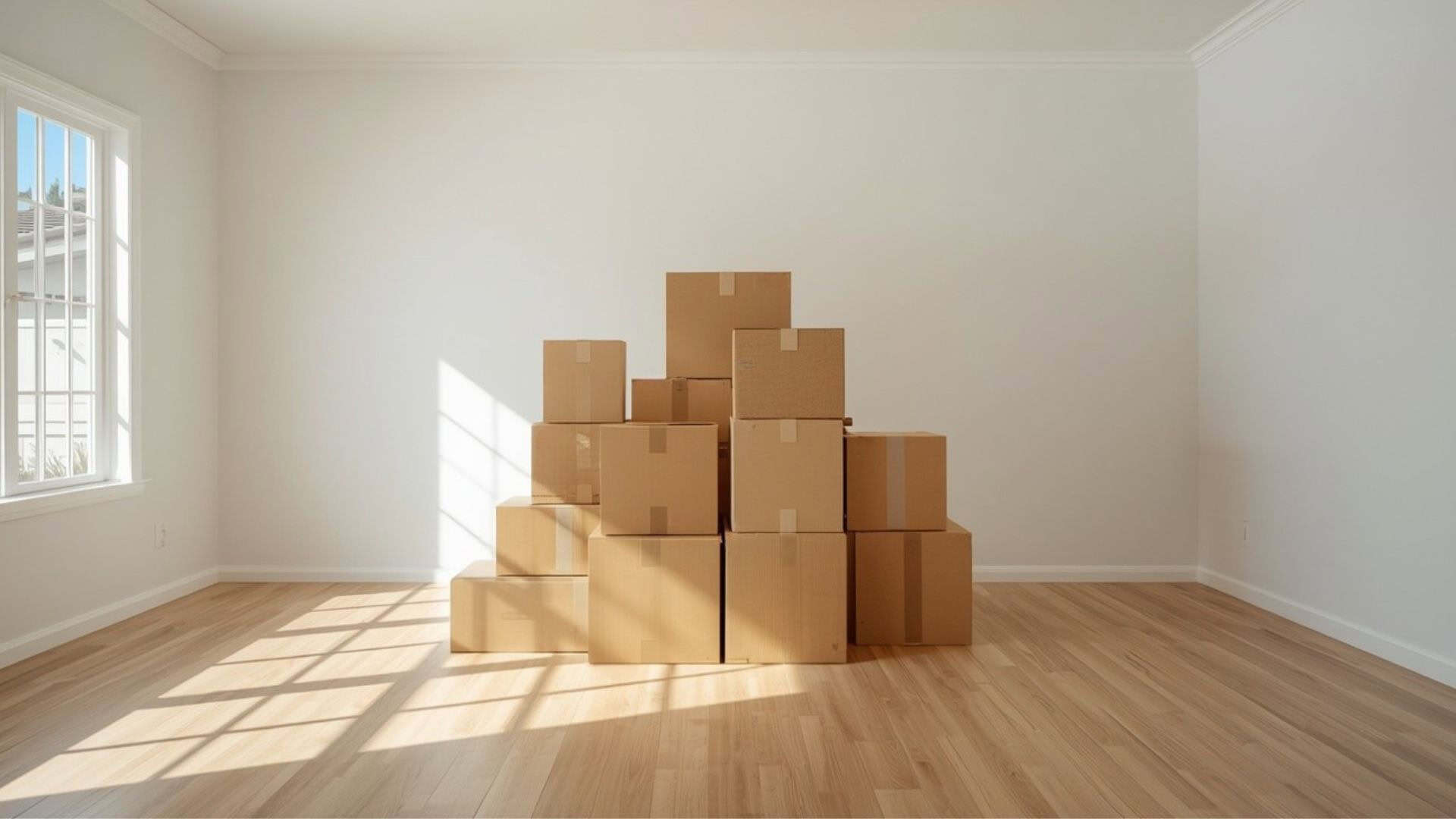 Cardboard moving boxes stacked in a mostly emptied living room