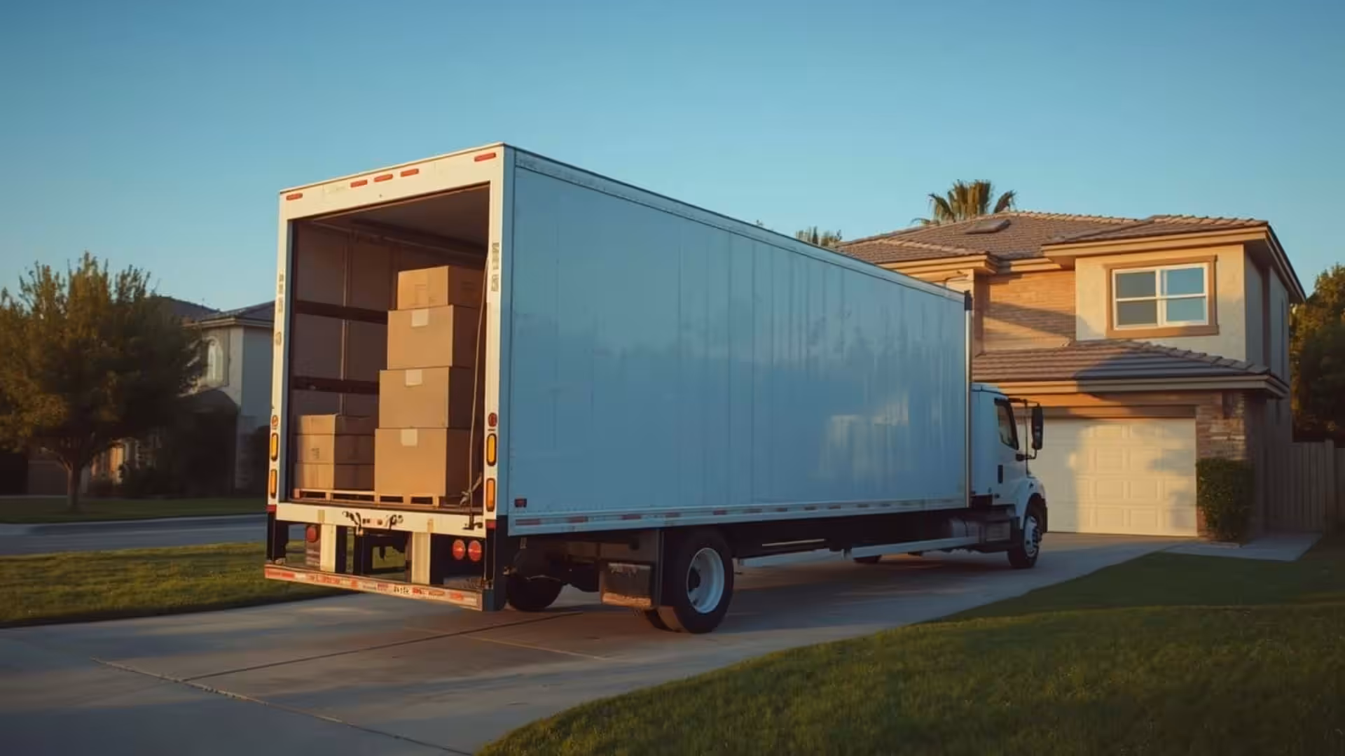 Moving truck loaded with boxes parked in a residential driveway