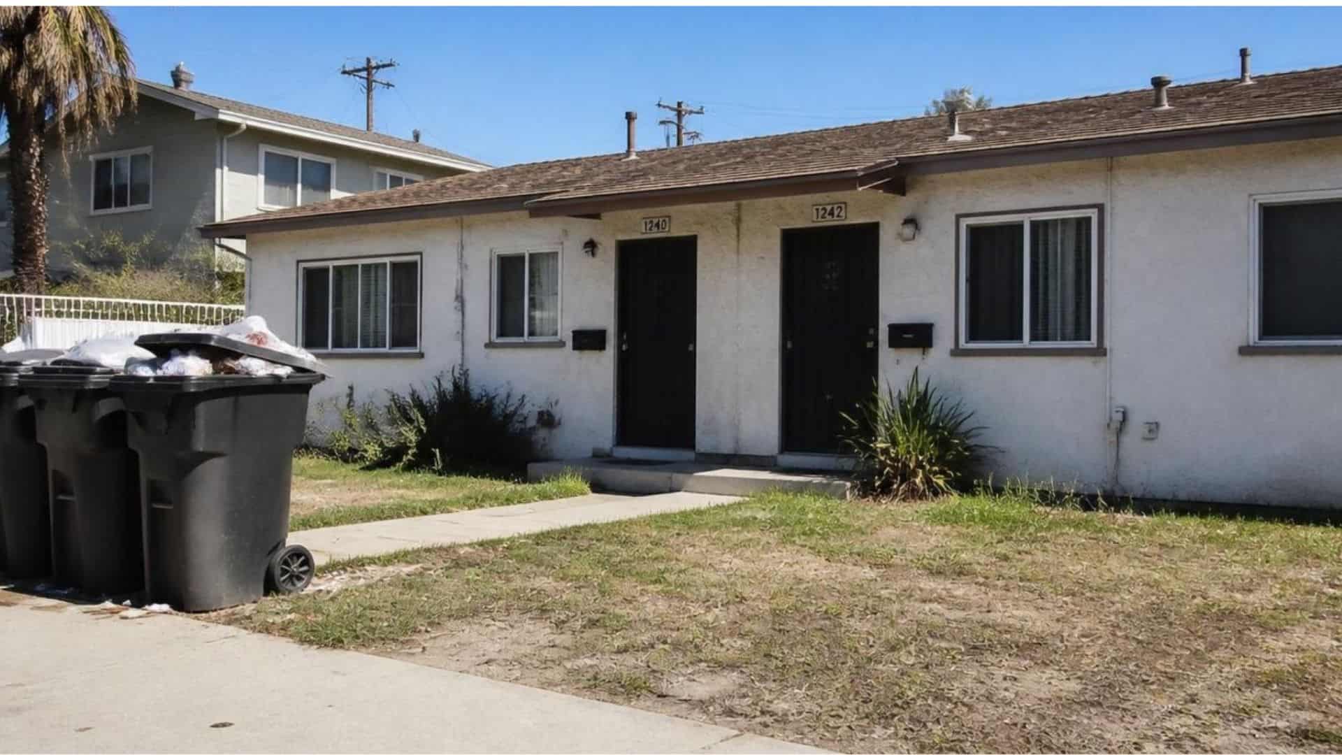 Weathered rental duplex with an untidy front yard