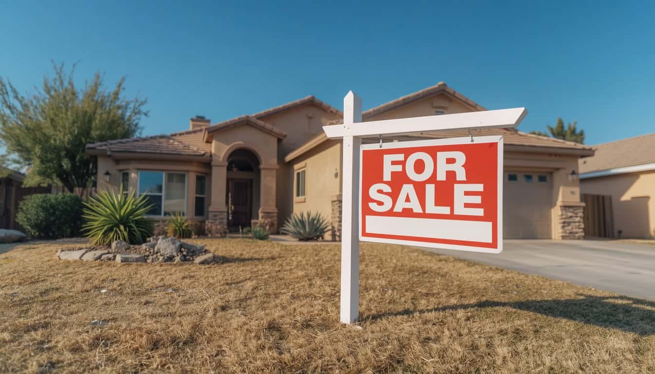 Real estate sign posted in the front yard of a suburban home